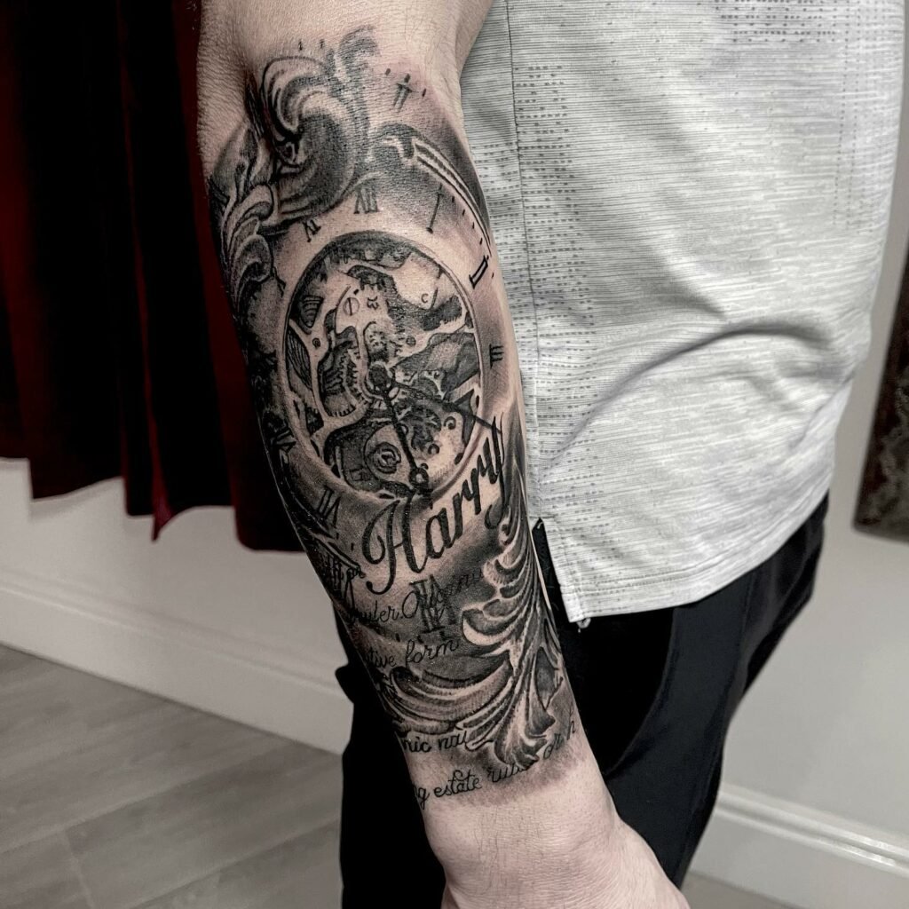 Clock Arm Black And White Tattoo