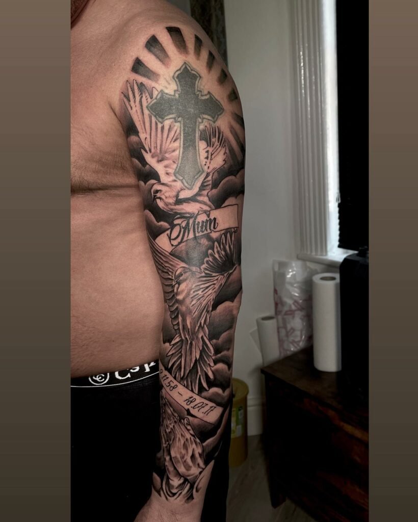 Eagle, Cross Symbol Hand Black And White Tattoo